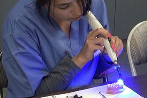 Student using a curing light on a dental training model.