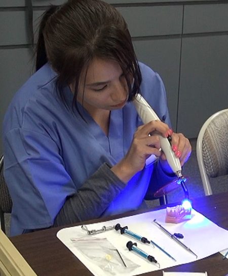 Student using a curing light on a dental training model.